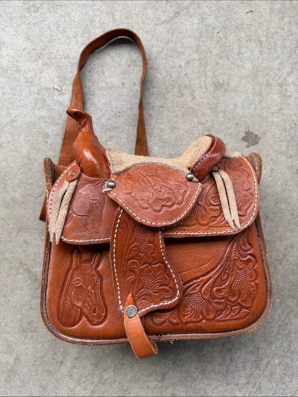 Vintage Tooled Brown Leather Western Saddlebag Purse